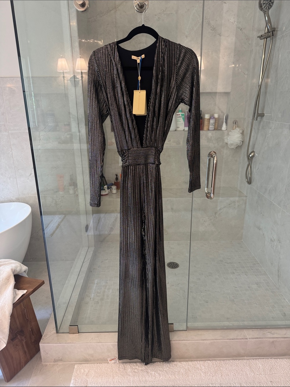 Melissa Odabash Black Metallic Plissé Jumpsuit